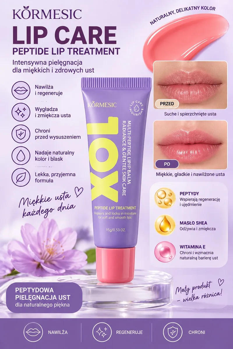 Fioletowa tubka balsamu do ust KORMESIC Peptide Lip Treatment 15 g z różowym zamknięciem