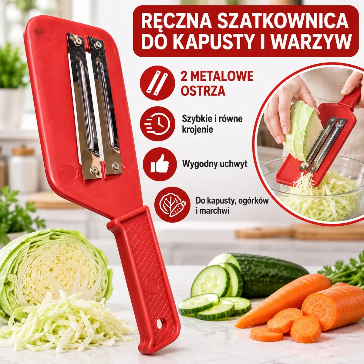 Czerwona ręczna szatkownica z dwoma metalowymi ostrzami do krojenia kapusty, ogórków i marchwi