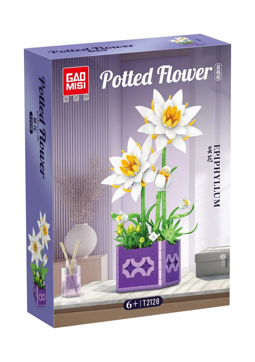 Zestaw klocków GAOMISI Potted Flower z białymi kwiatami i fioletową doniczką na stole