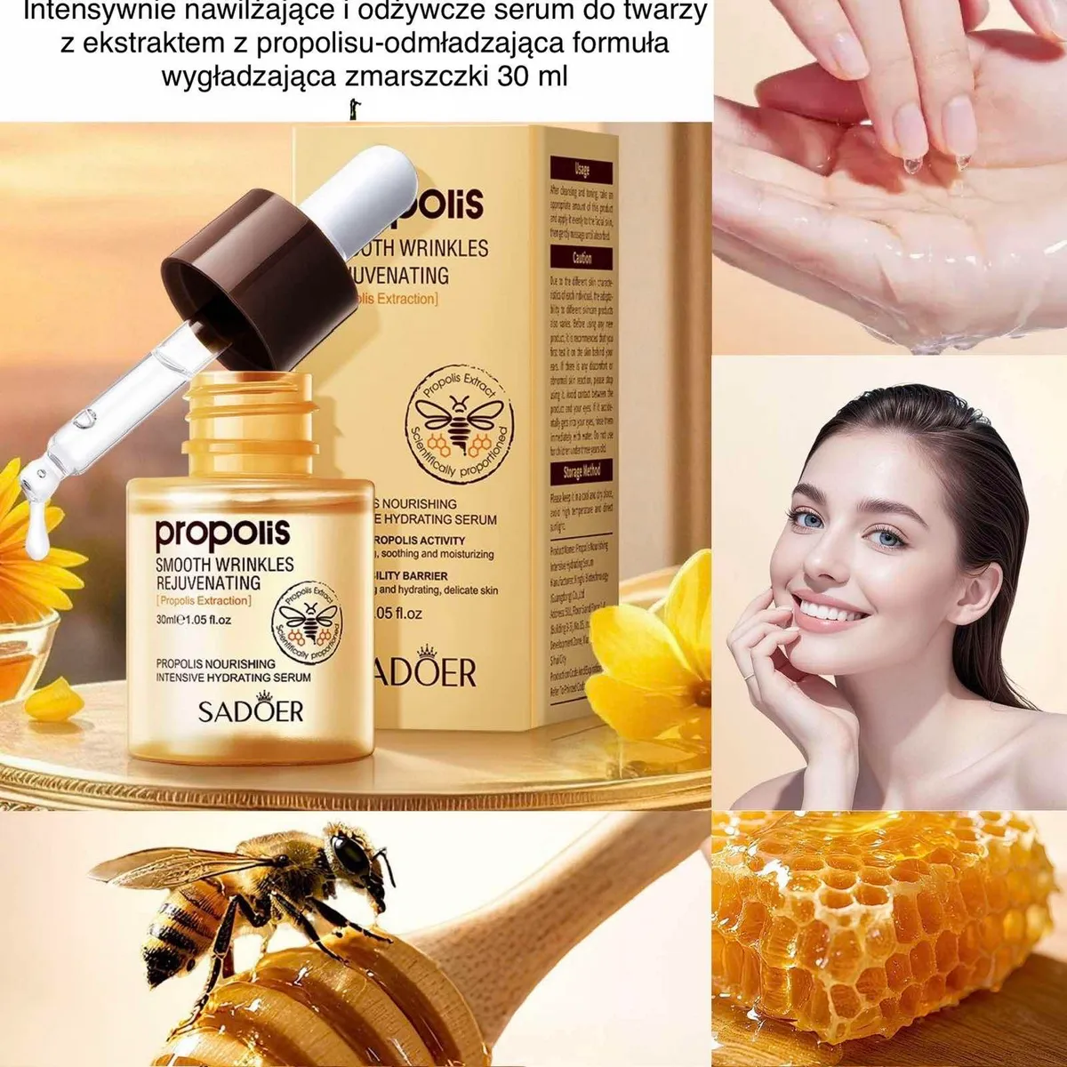 Złocisty flakon serum do twarzy z pipetą, miód, pszczoła i kobieta z gładką cerą