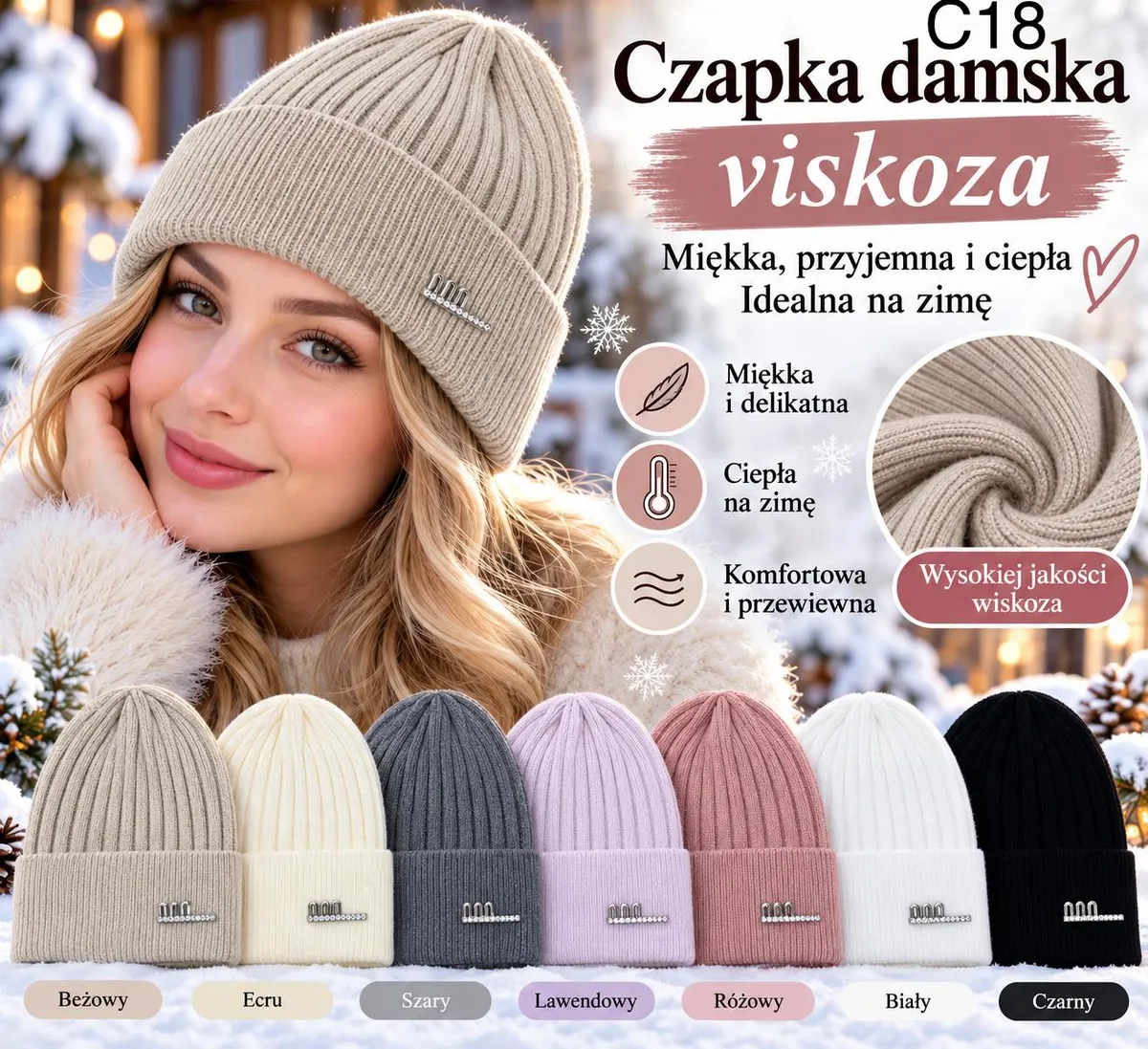 Damska prążkowana czapka z wiskozy w kolorze beżowym i inne kolory na tle zimowym