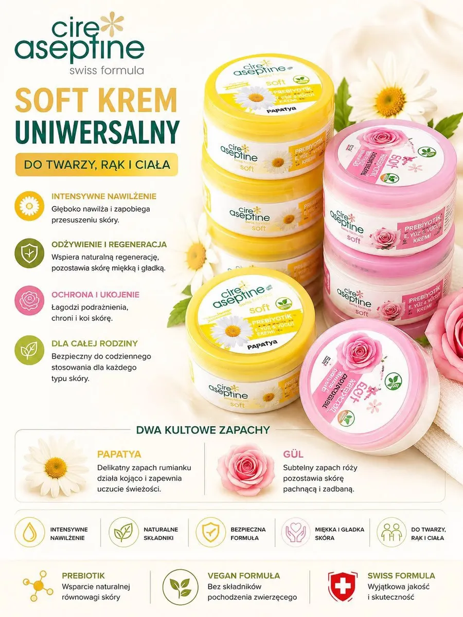 Opakowania kremu Soft uniwersalnego z prebiotykiem w żółto-białym i różowo-białym designie z motywem rumianku i róży