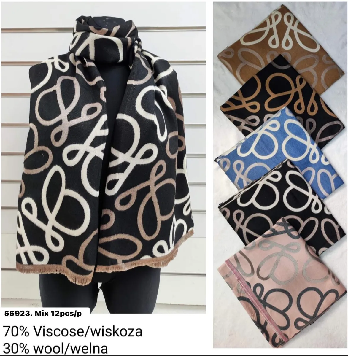 Szalik damski z abstrakcyjnym wzorem w różnych kolorach, wykonany z wiskozy i wełny