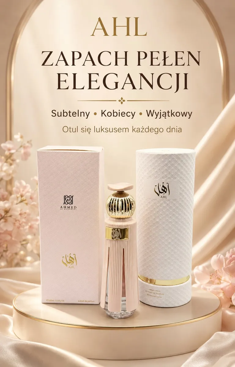 Perfumy AHL 100 ml w różowozłotej butelce z eleganckim opakowaniem na jasnym tle
