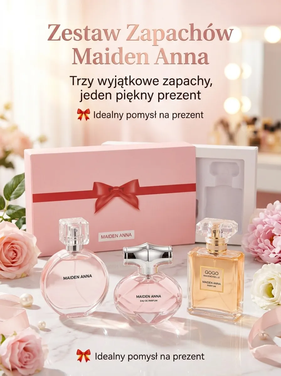 Zestaw trzech perfum Maiden Anna w różowym pudełku z czerwoną kokardą na marmurowym blacie