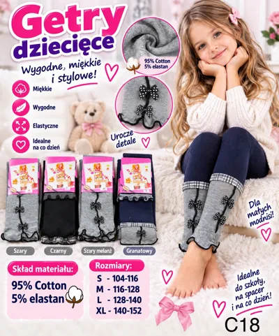 Dziewczynka w szarych getrach dziecięcych z kokardkami, obok cztery pary getrów w różnych kolorach
