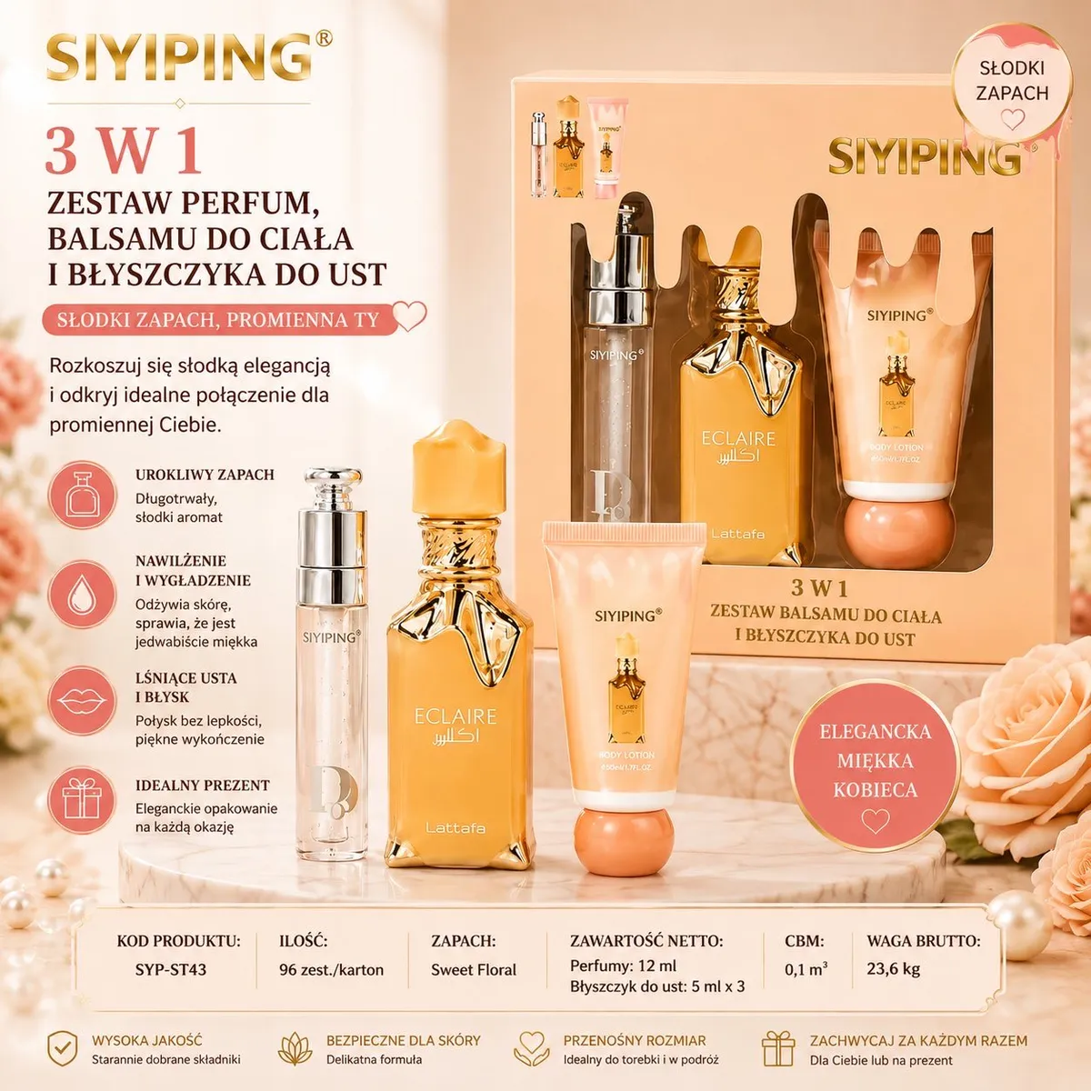Zestaw prezentowy SIYIPING 3w1 perfumy, balsam do ciała i błyszczyk w złoto-pomarańczowym opakowaniu