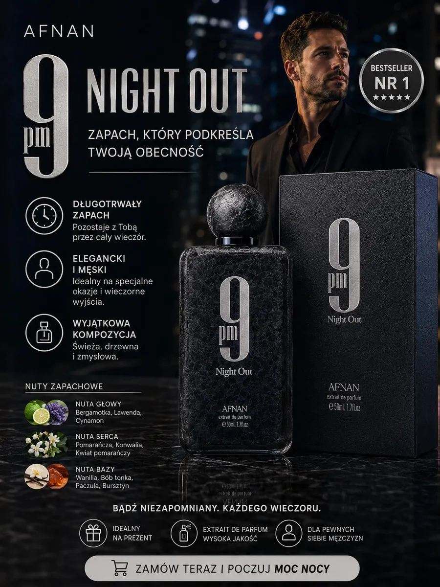 Butelka czarnych perfum Afnan 9 pm Night Out 50 ml z fakturą i czarne opakowanie z napisem