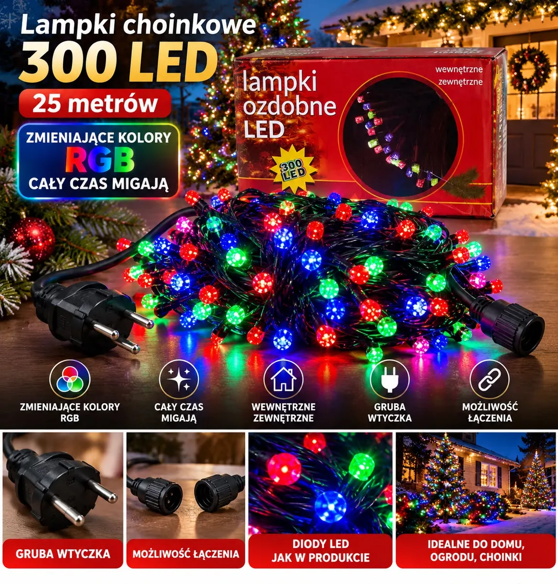 Lampki choinkowe 300 LED RGB na czarnym przewodzie z grubą wtyczką i możliwością łączenia, opakowanie czerwone
