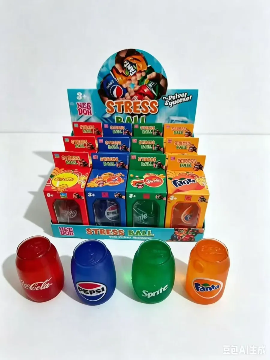 Zestaw antystresowych piłeczek w kształcie puszek Coca-Cola, Pepsi, Sprite i Fanta w kolorach czerwonym, niebieskim, zielonym