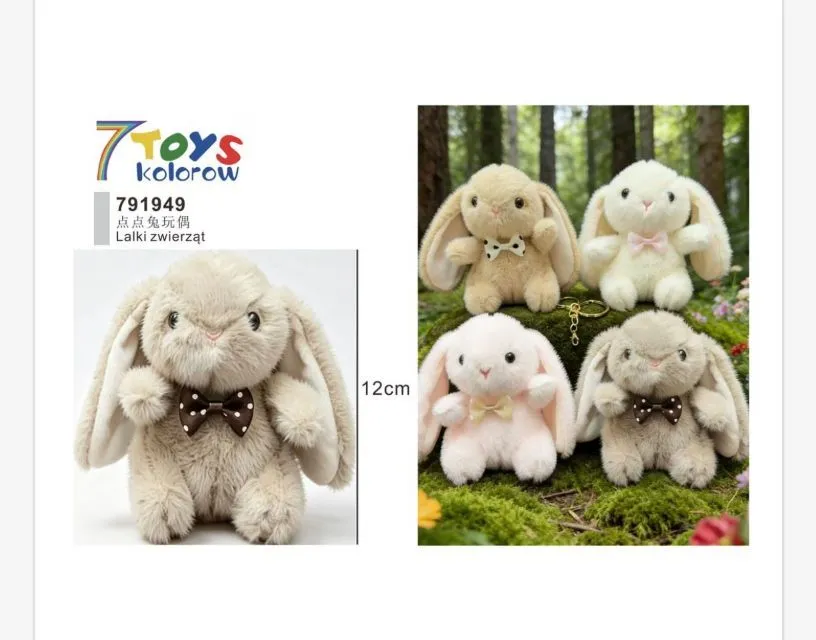 Pluszowe breloki królików w pastelowych kolorach z kokardkami, wysokość 12 cm