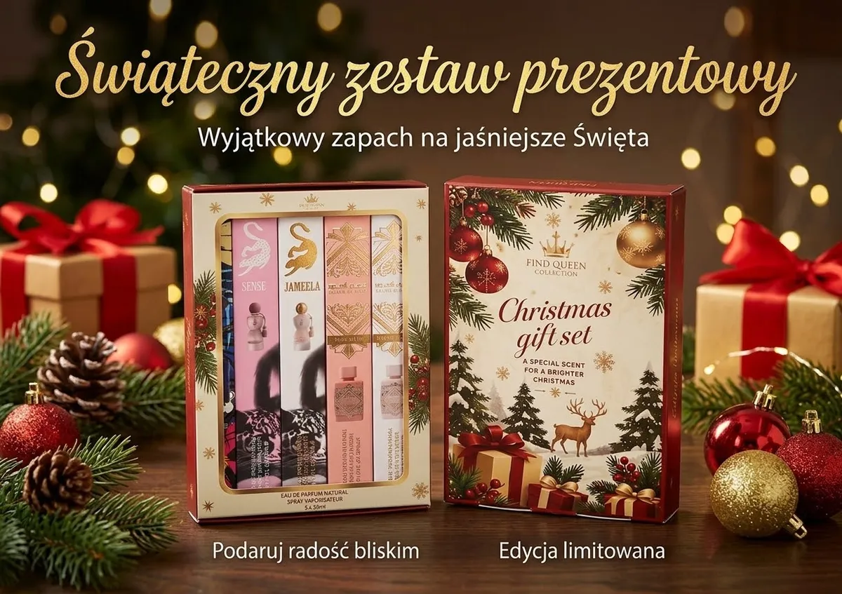 Świąteczny zestaw prezentowy perfumetek 5x35ml w ozdobnym pudełku z motywem choinki i bombek