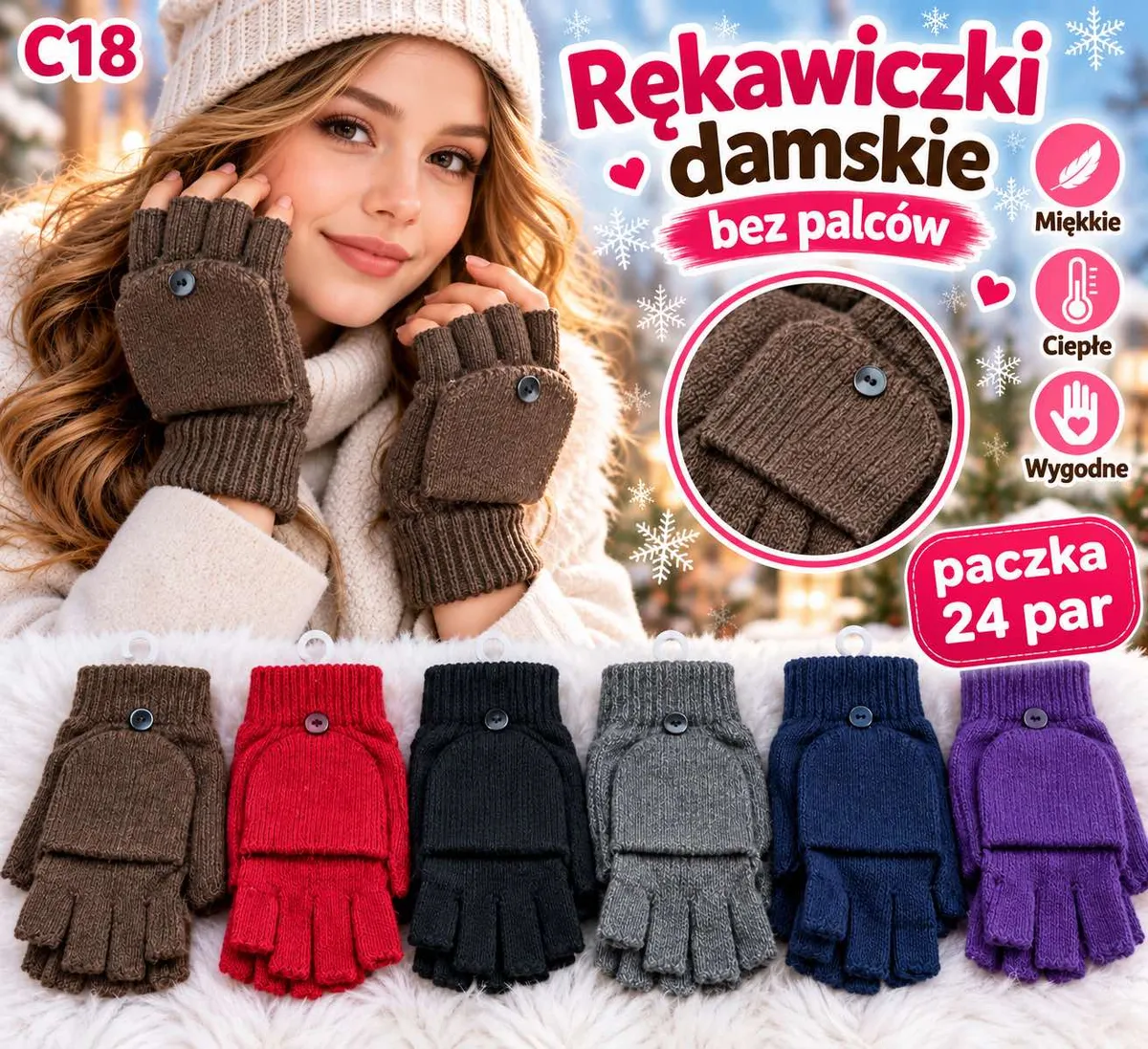 Rękawiczki damskie bez palców w sześciu kolorach z odpinaną klapką na guzik
