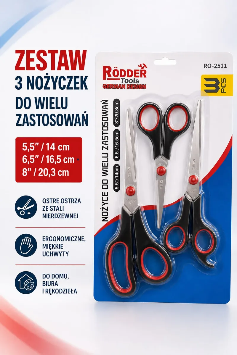 Zestaw trzech nożyczek z czarnymi uchwytami z czerwonymi wkładkami i ostrzami ze stali nierdzewnej w opakowaniu blister