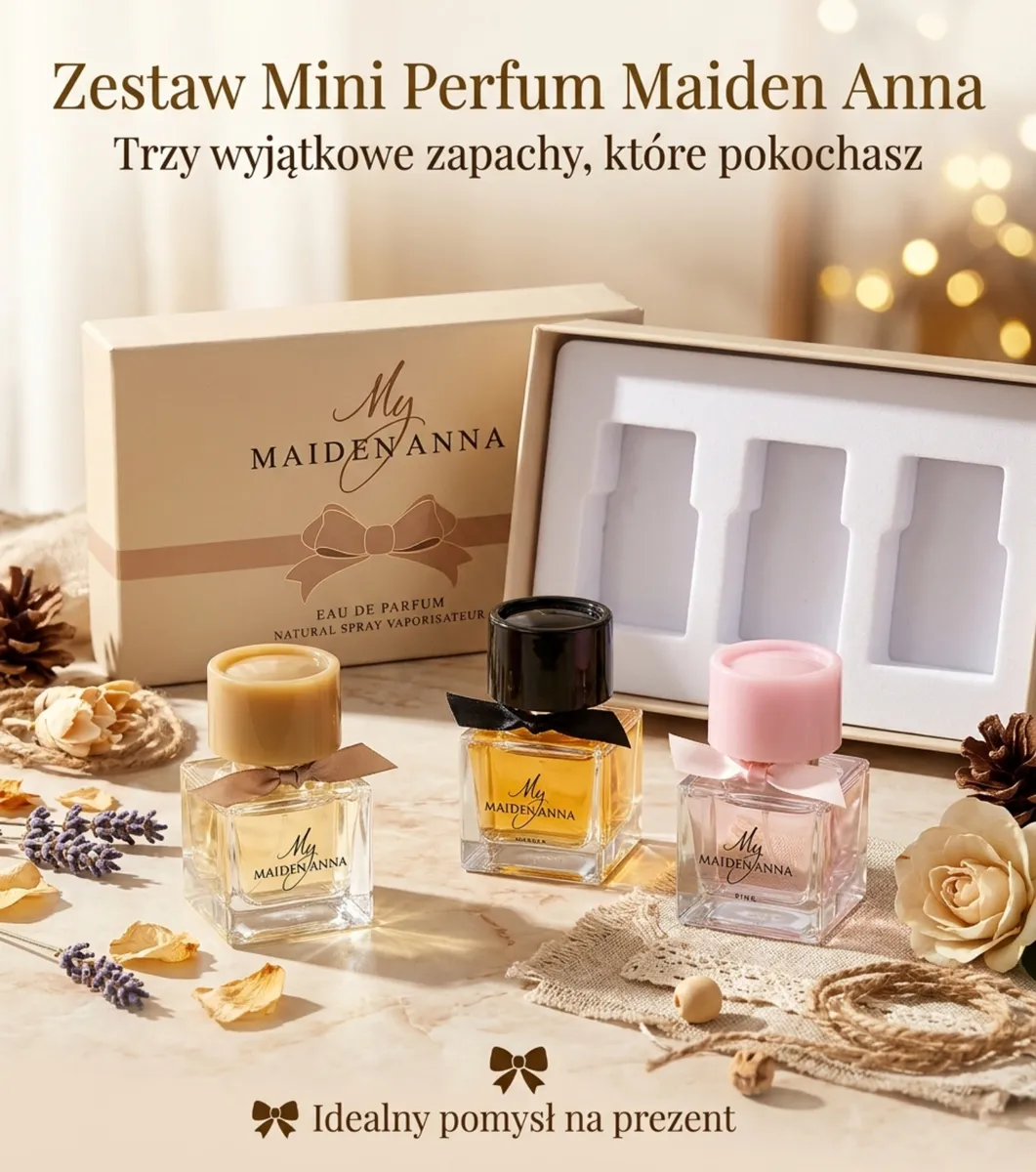 Zestaw trzech mini perfum Maiden Anna 3x30ml w szklanych flakonikach z kolorowymi zakrętkami i kremowym pudełkiem