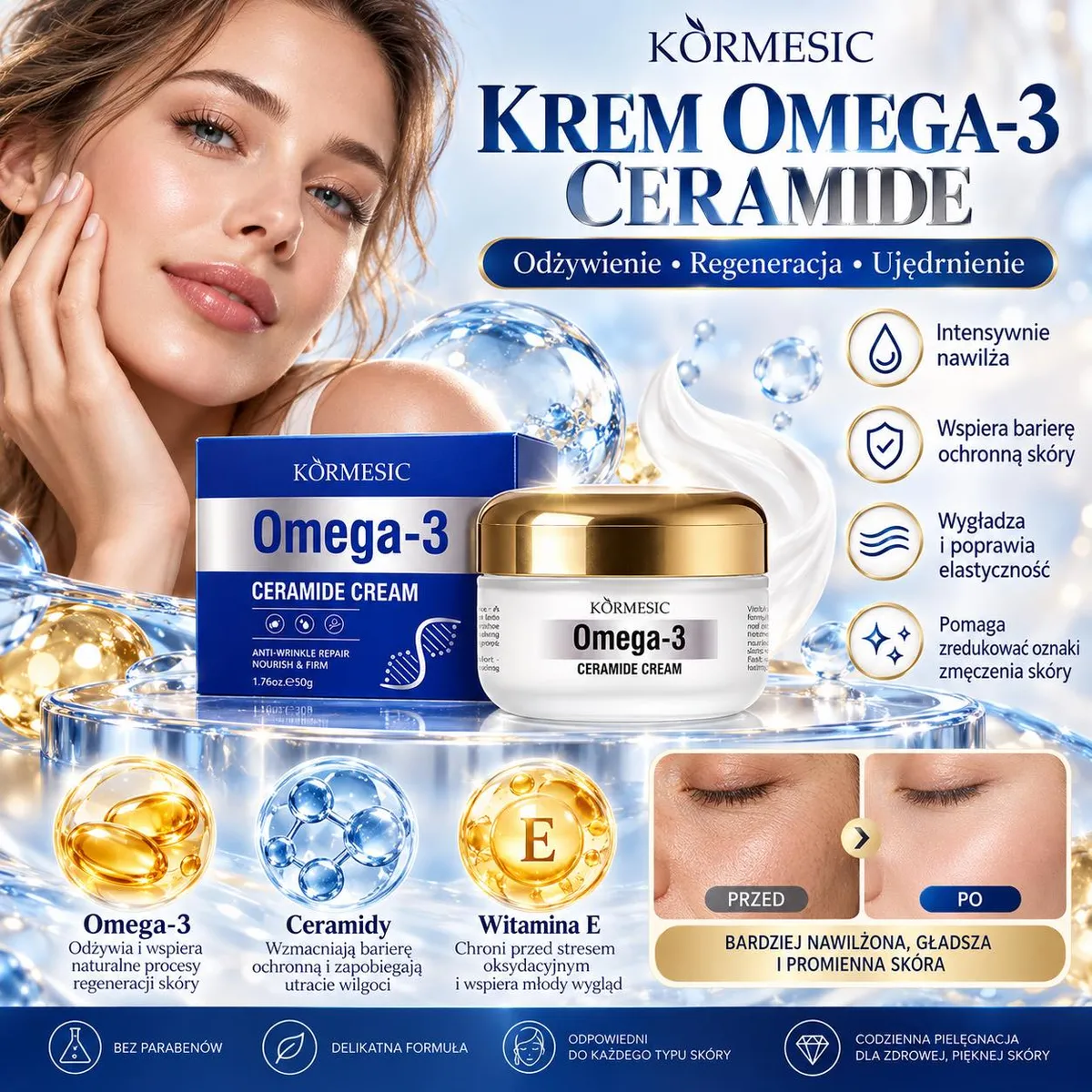 Krem KORMESIC Omega-3 Ceramide w białym słoiku ze złotą zakrętką i granatowym opakowaniem
