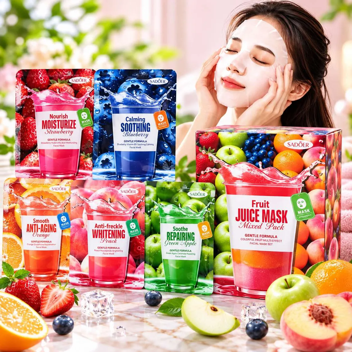 Zestaw 30 maseczek do twarzy SADOER Fruit Juice Mask w kolorowych opakowaniach owocowych