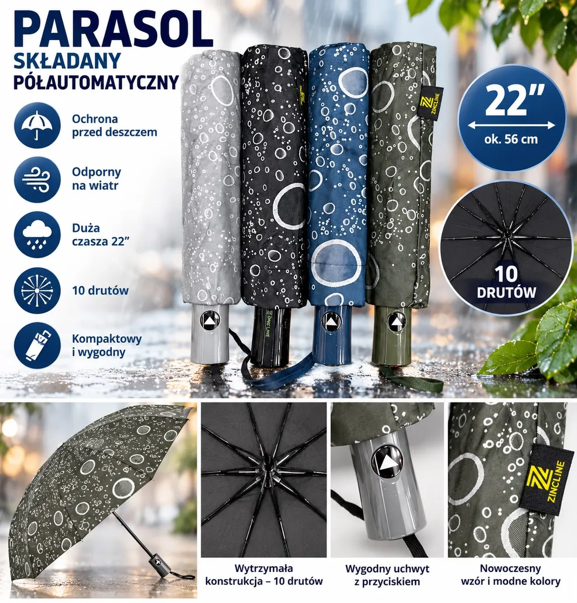 Parasol składany półautomatyczny w czterech kolorach z wzorem białych okręgów, uchwyt z przyciskiem, 10 drutów