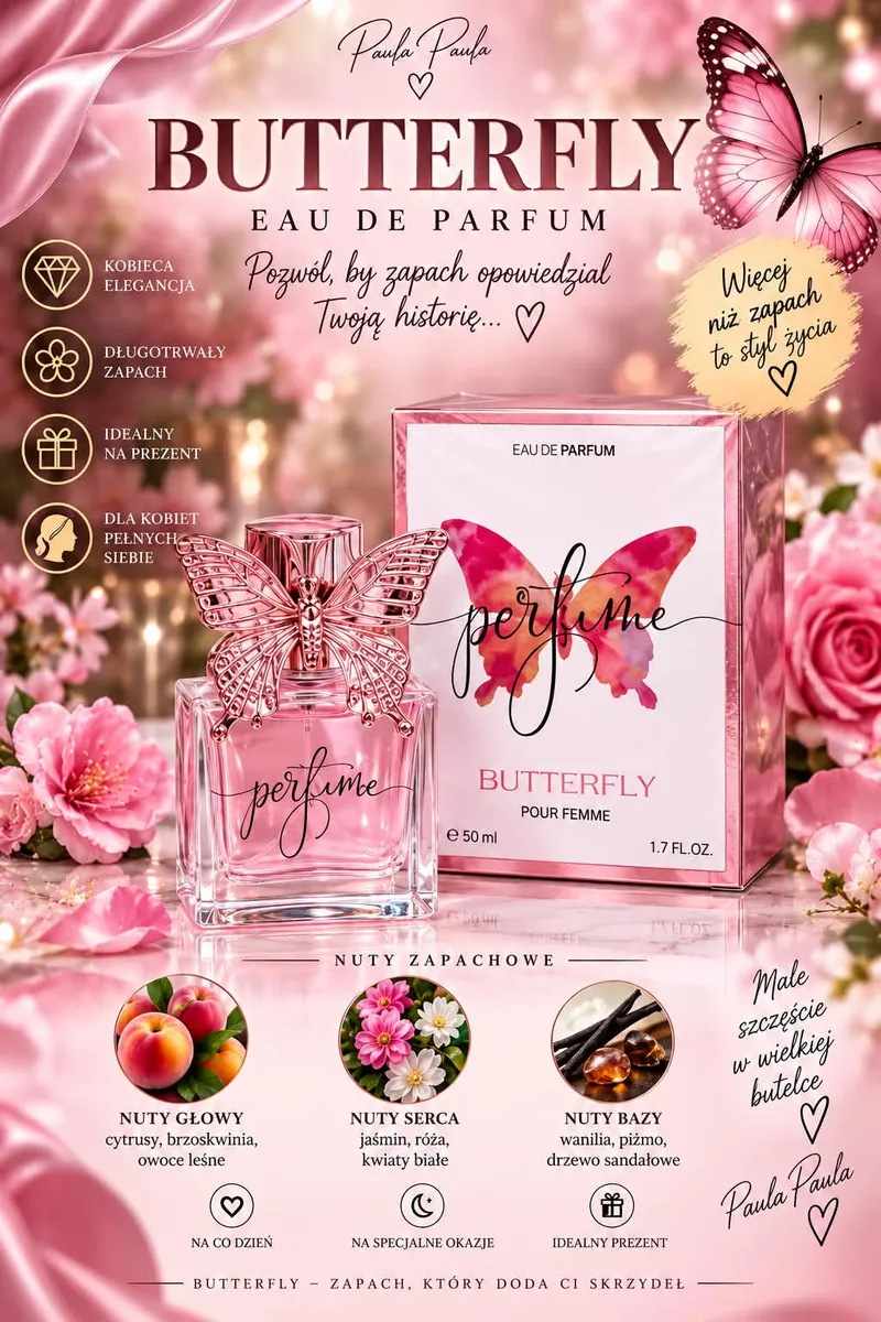 Różowy flakon perfum Butterfly z motylem na korku i kartonowe opakowanie z motywem motyla