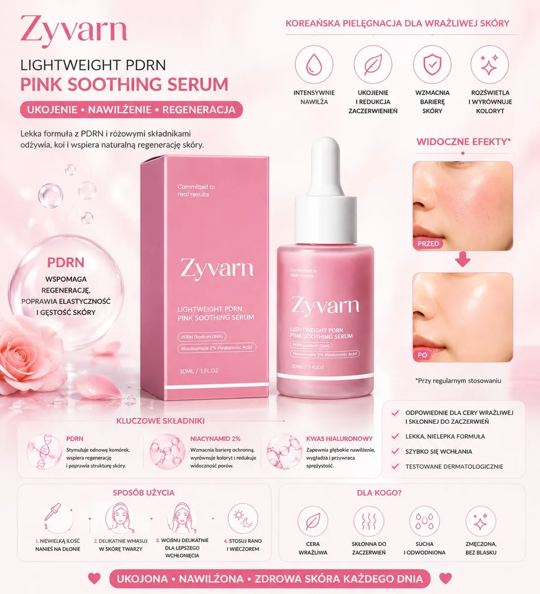 Różowe serum Zyvarn Lightweight PDRN Pink Soothing Serum 30ml z pipetą i opakowaniem