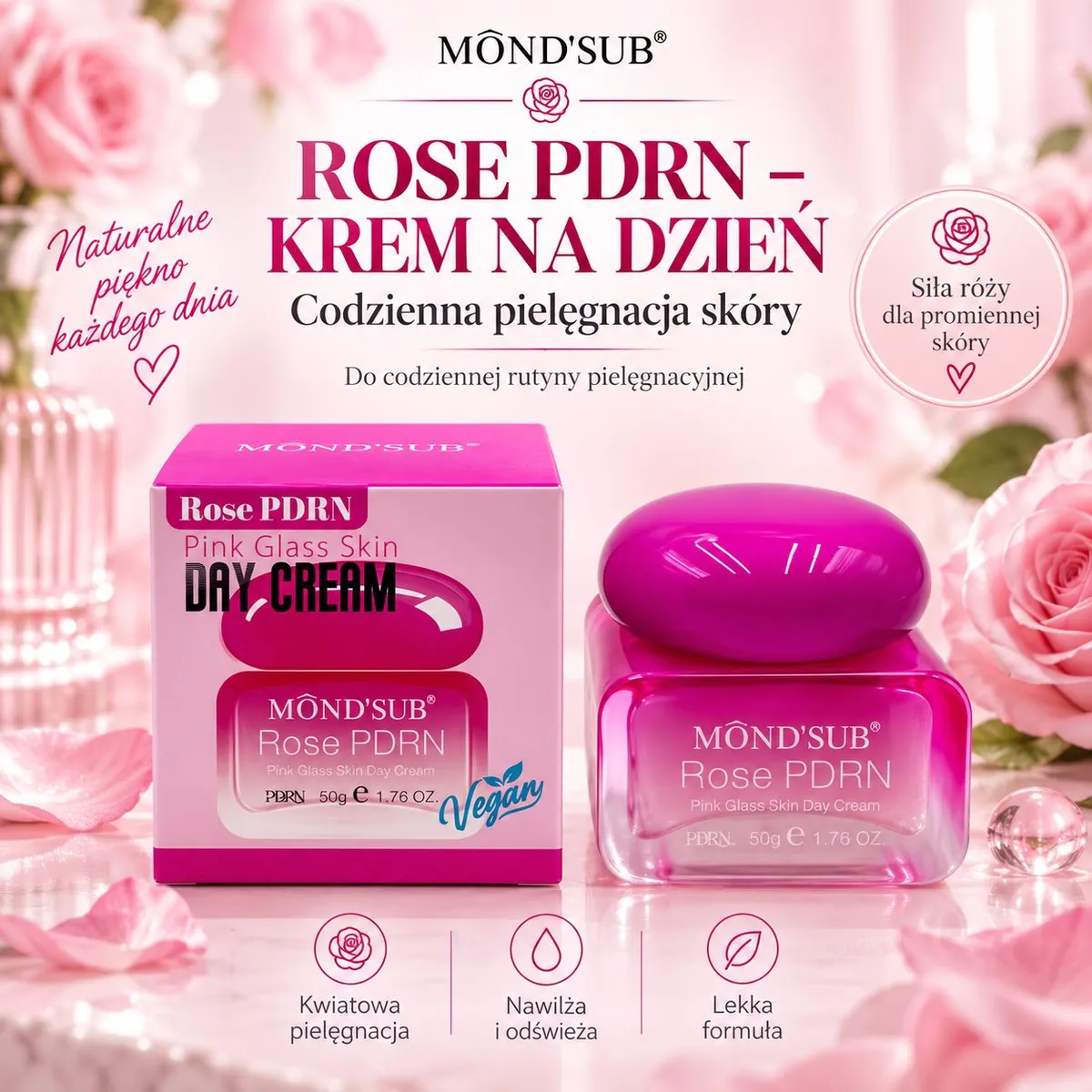 Różowy krem do twarzy Mond'Sub Rose PDRN w szklanym słoiku 50g z różowym pudełkiem