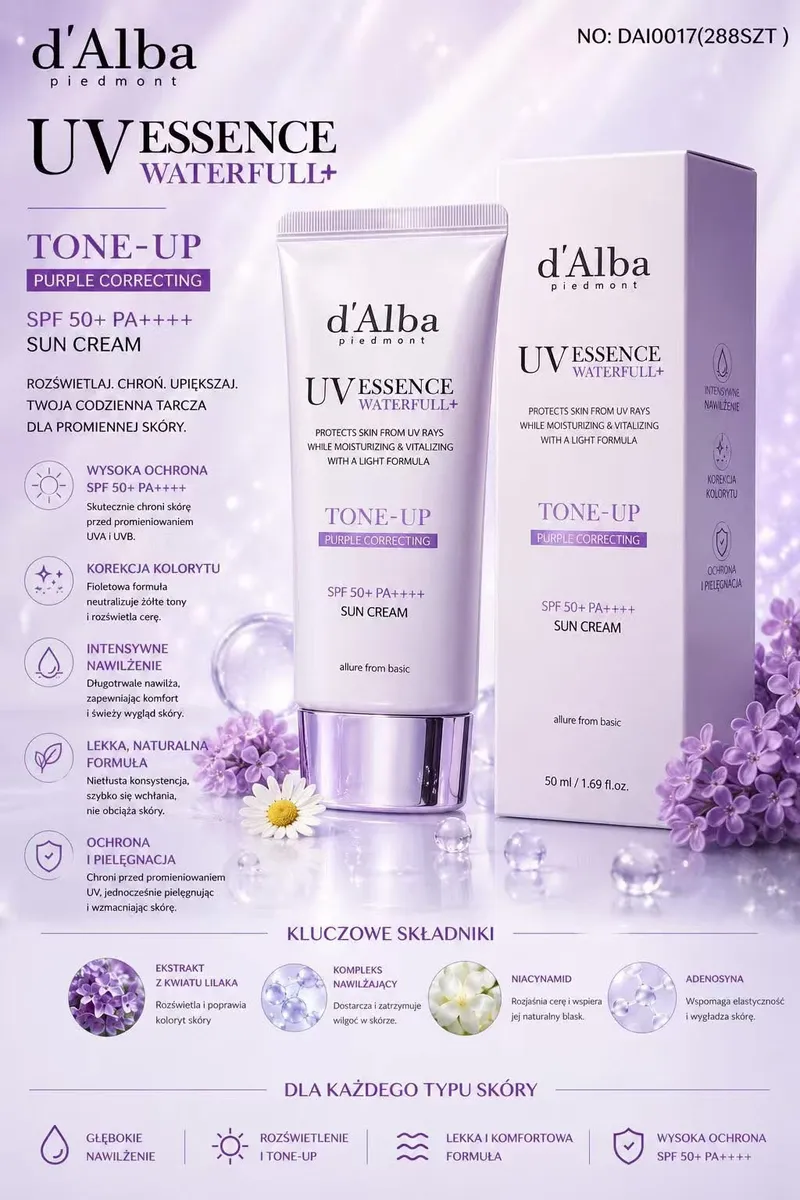 Krem d'Alba UV Essence Waterfull+ Tone-Up SPF 50+ PA++++ 50 ml z fioletowym korektorem koloru i opakowaniem