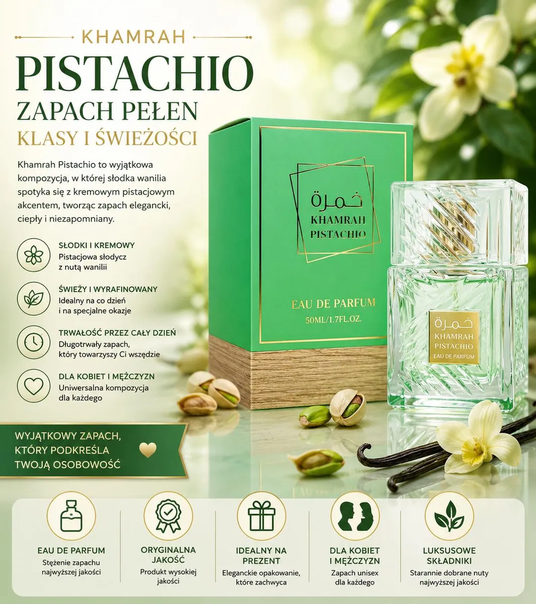 Perfumy Khamrah Pistachio 50ml w zielonym pudełku z złotymi zdobieniami i przezroczystą butelką