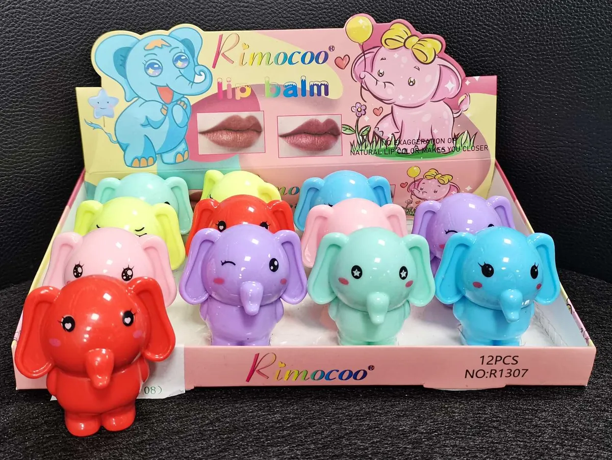 Kolorowe balsamy do ust w kształcie słoni w pastelowych i intensywnych kolorach w opakowaniu zbiorczym