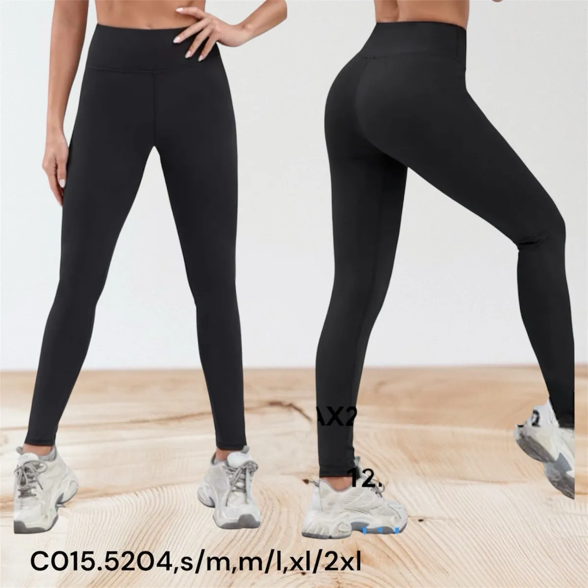 Dwie czarne legginsy damskie sportowe na modelkach, widok z przodu i tyłu