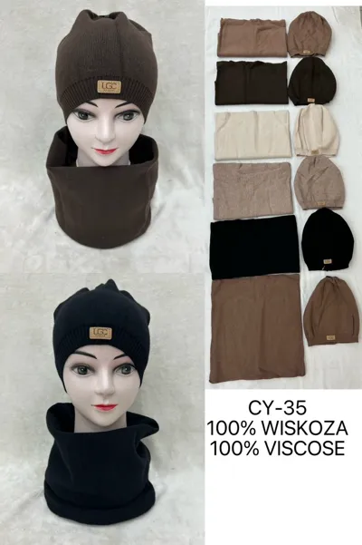 komplet czapka i komin w różnych kolorach brąz, czarny, beżowy, wykonane z wiskozy