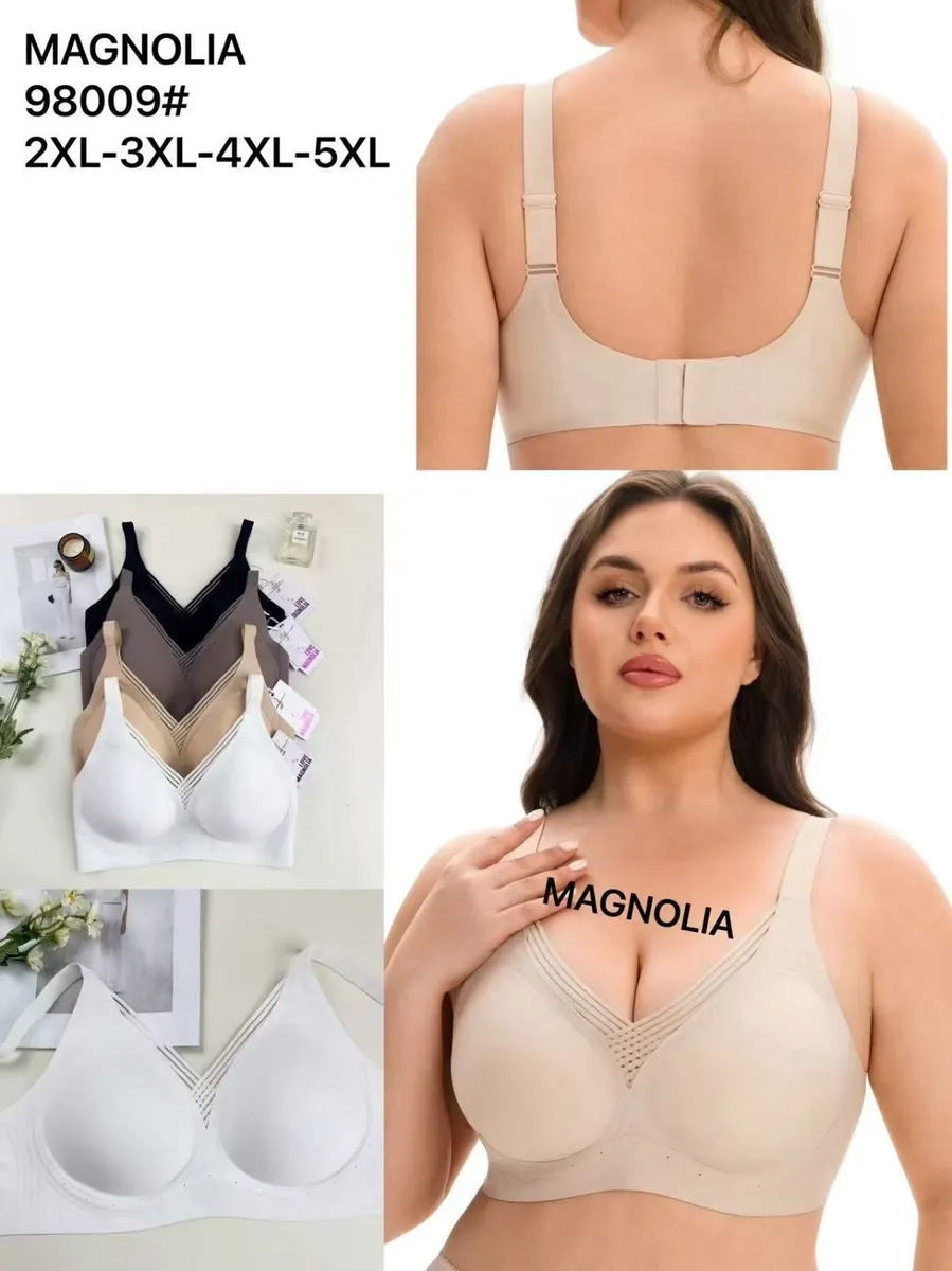 Beżowy biustonosz Magnolia w dużych rozmiarach na modelce, widok z przodu i tyłu oraz różne kolory na płasko