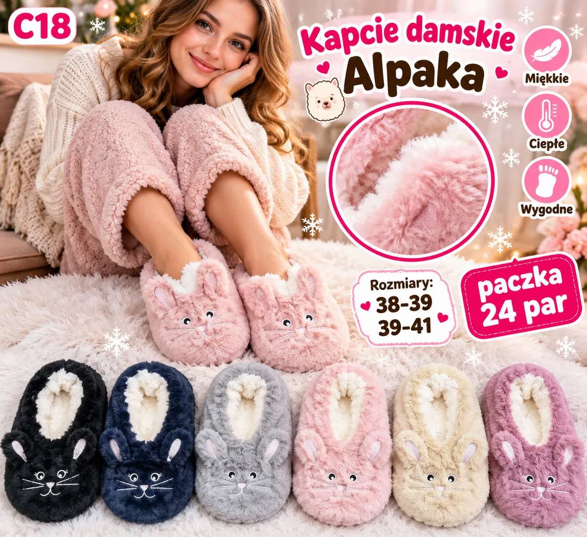 Kapcie damskie Alpaka w różnych kolorach z motywem króliczych uszu i haftowanym pyszczkiem
