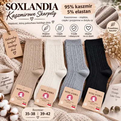 cztery pary kaszmirowych skarpet SOXLANDIA w kolorach beżowym, kremowym, szarym i czarnym