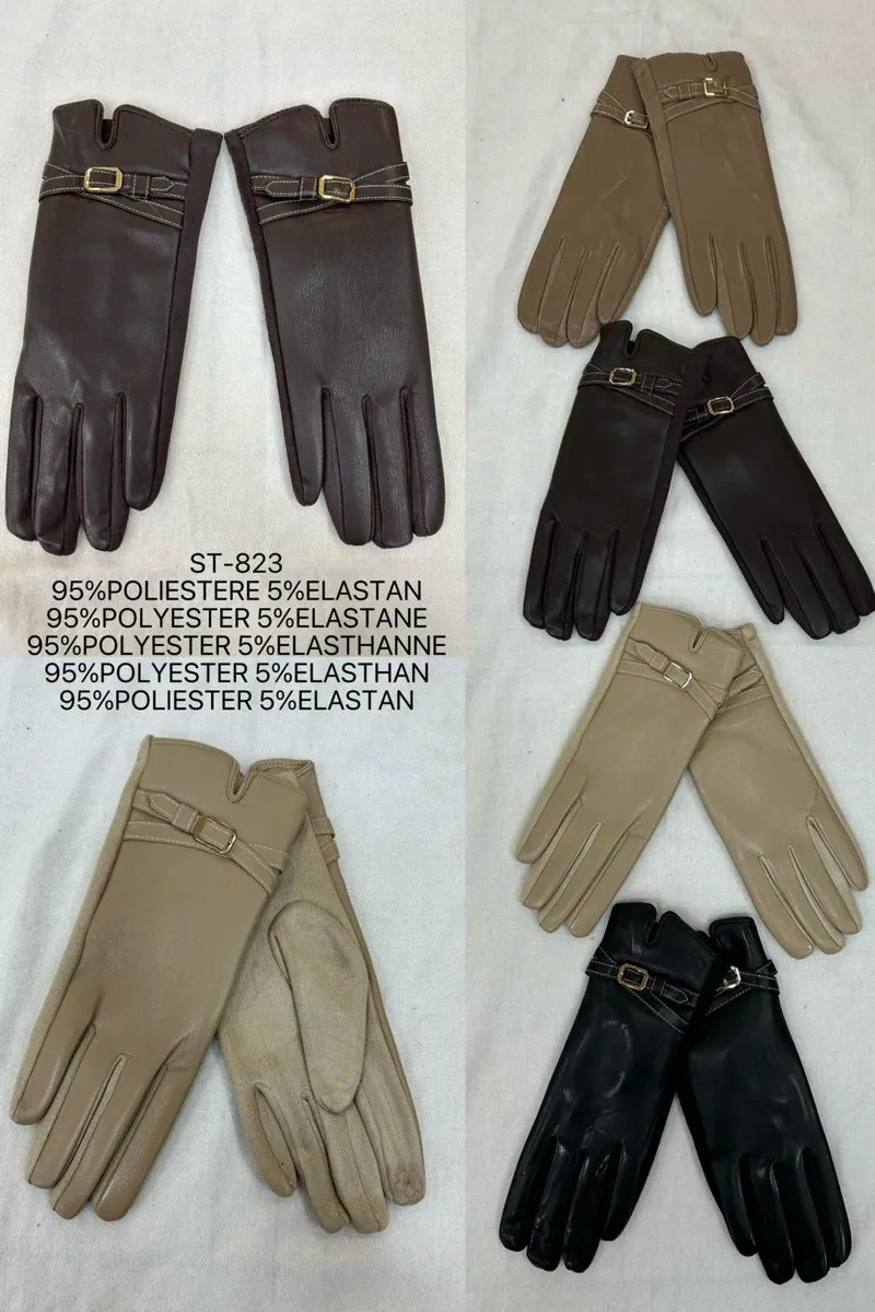 Rękawiczki damskie w czterech kolorach z paskiem i klamrą, materiał poliester z elastanem