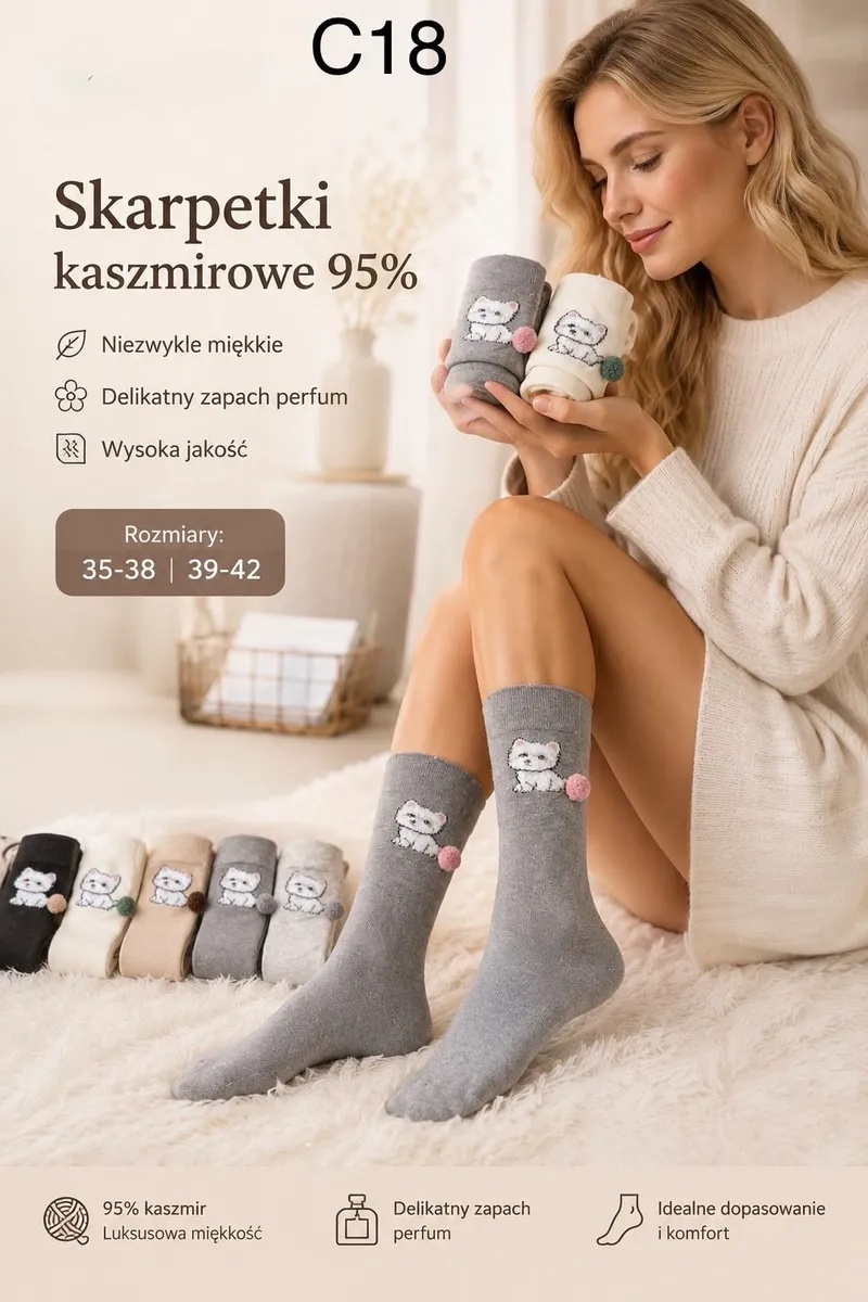 Damskie szare skarpetki kaszmirowe z haftowanym białym kotkiem i pomponem