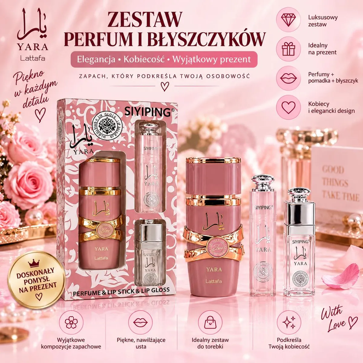 Różowy zestaw perfum YARA 30ml z błyszczykiem i pomadką w eleganckim opakowaniu z złotymi zdobieniami