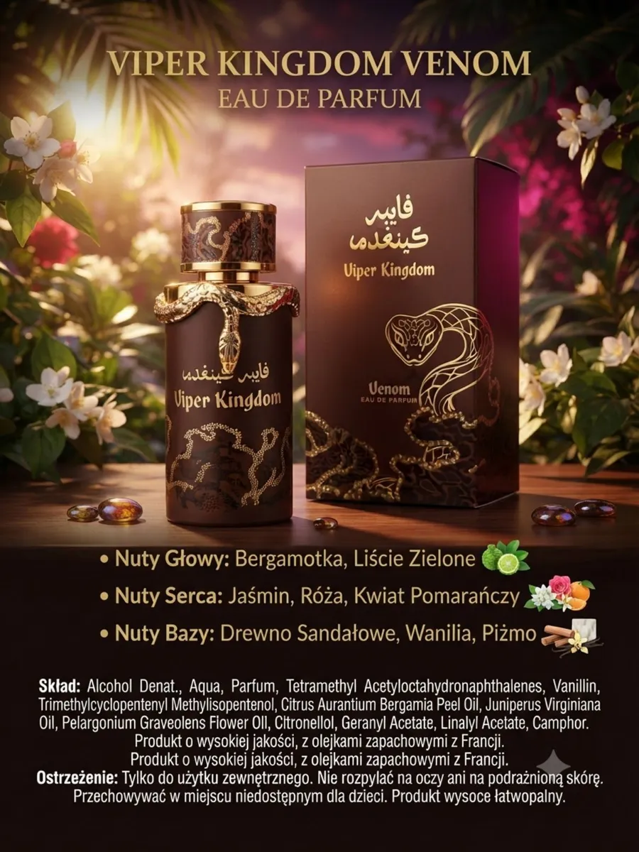 Flakon perfum Viper Kingdom Venom w ciemnobrązowym kolorze ze złotym zdobieniem węża oraz karton w podobnej kolorystyce