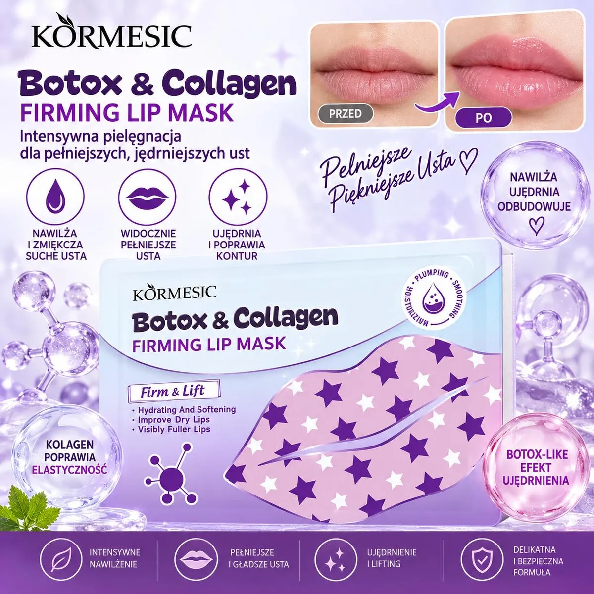 Opakowanie maski do ust KORMESIC Botox & Collagen z fioletowymi gwiazdkami i zdjęcia ust przed i po użyciu