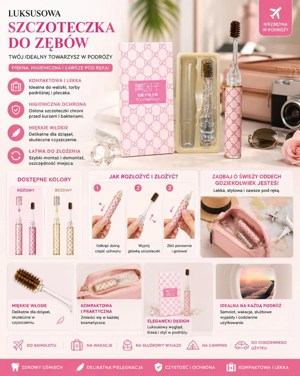 Różowa luksusowa szczoteczka do zębów z miękkim włosiem i osłoną w opakowaniu