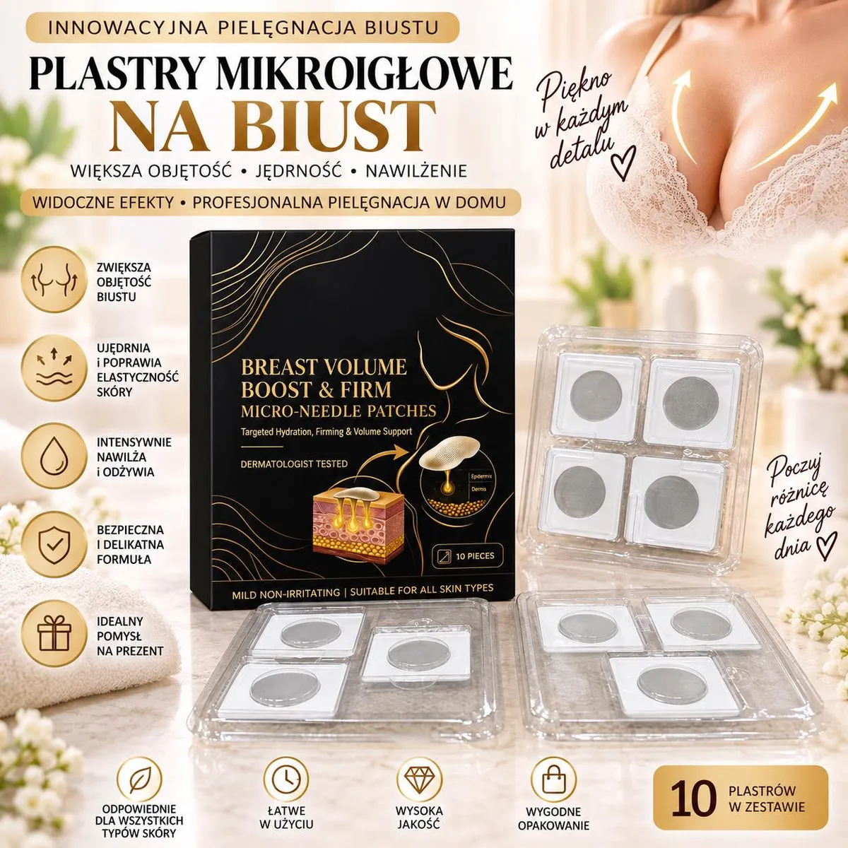 Opakowanie plastrów mikroigłowych na biust z 10 sztukami w przezroczystych tackach