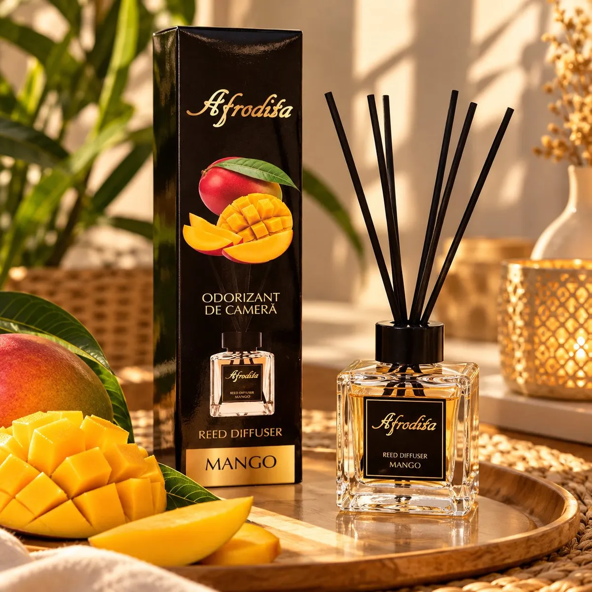 Dyfuzor zapachowy Afrodita mango w szklanej butelce z czarnymi patyczkami i czarnym opakowaniem