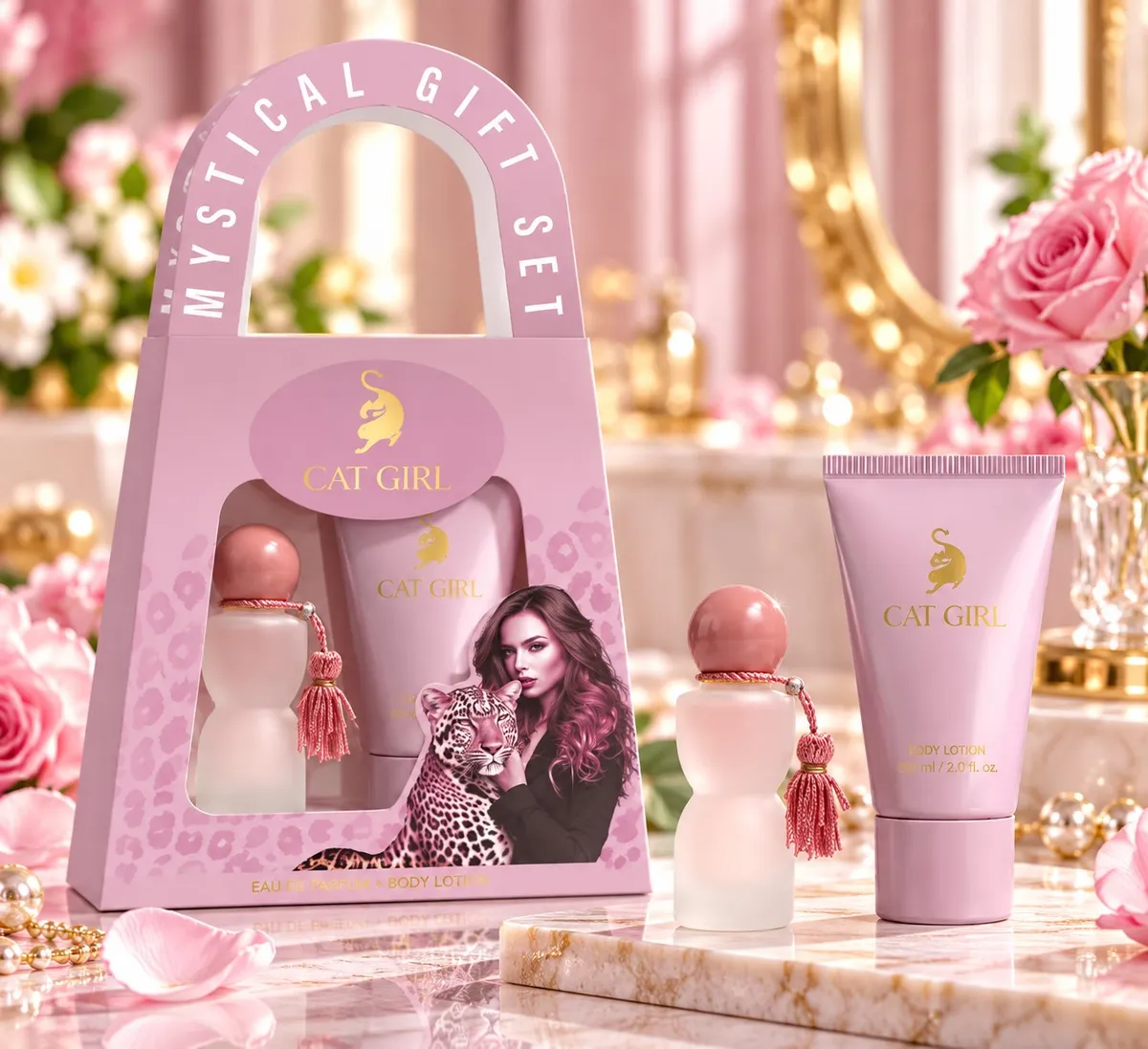 Zestaw prezentowy Cat Girl z różowymi perfumami i balsamem do ciała na marmurowym blacie