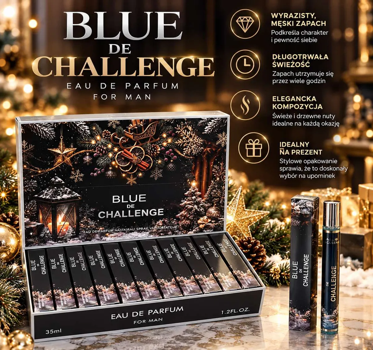 Perfumetka Blue de Challenge 35ml w czarnym opakowaniu z motywem świątecznym i złotymi napisami