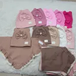 Zestaw czapek dziecięcych z kokardą i chustą prążkowany materiał 3-4 lata