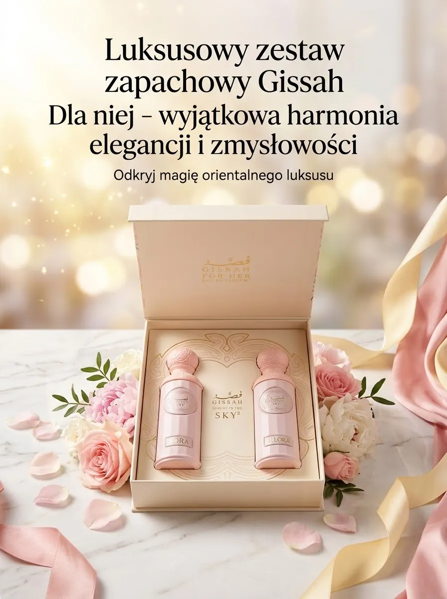 Luksusowy różowy zestaw perfum Gissah 2x90ml w kremowym pudełku z kwiatami i wstążkami