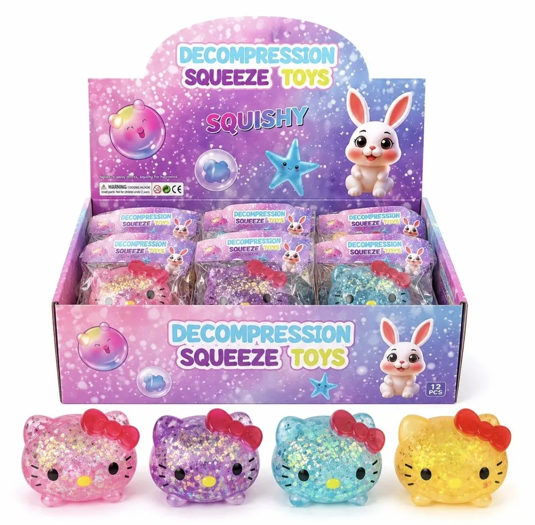 Zabawki antystresowe Squishy w kształcie brokatowej głowy kota w czterech kolorach na ekspozytorze