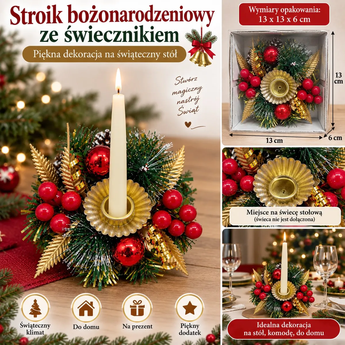 Stroik bożonarodzeniowy z czerwonymi kulkami, złotymi liśćmi i świecznikiem na świecę stołową