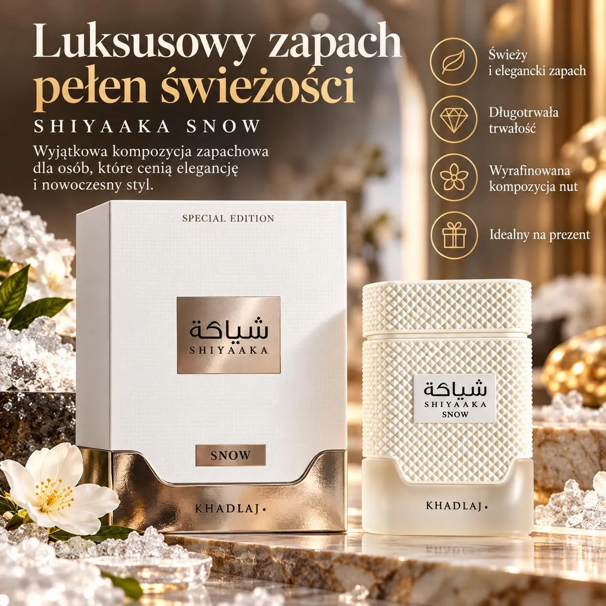 Perfumy Shiyaaka Snow 100 ml w kremowej butelce z fakturą i białe opakowanie ze złotym akcentem