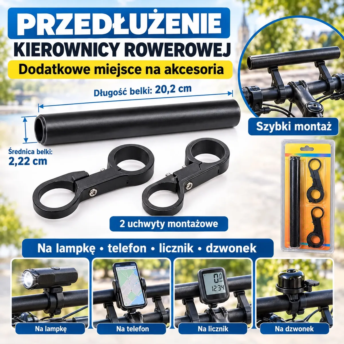 Czarne przedłużenie kierownicy rowerowej z dwoma uchwytami montażowymi i przykłady zastosowania na lampkę, telefon, licznik,