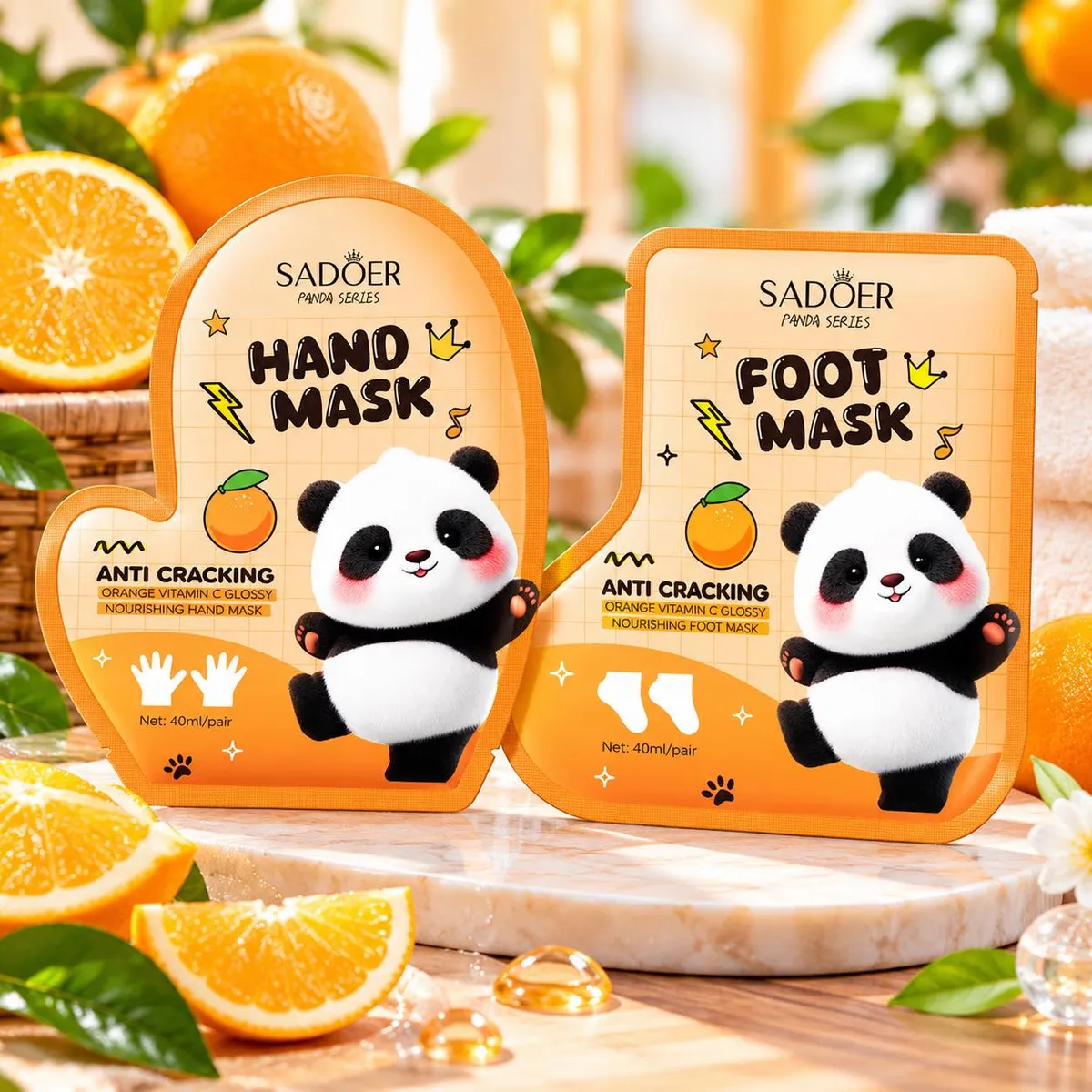 Zestaw maseczek do dłoni i stóp SADOER Panda Series z grafiką pandy i pomarańczowym tłem